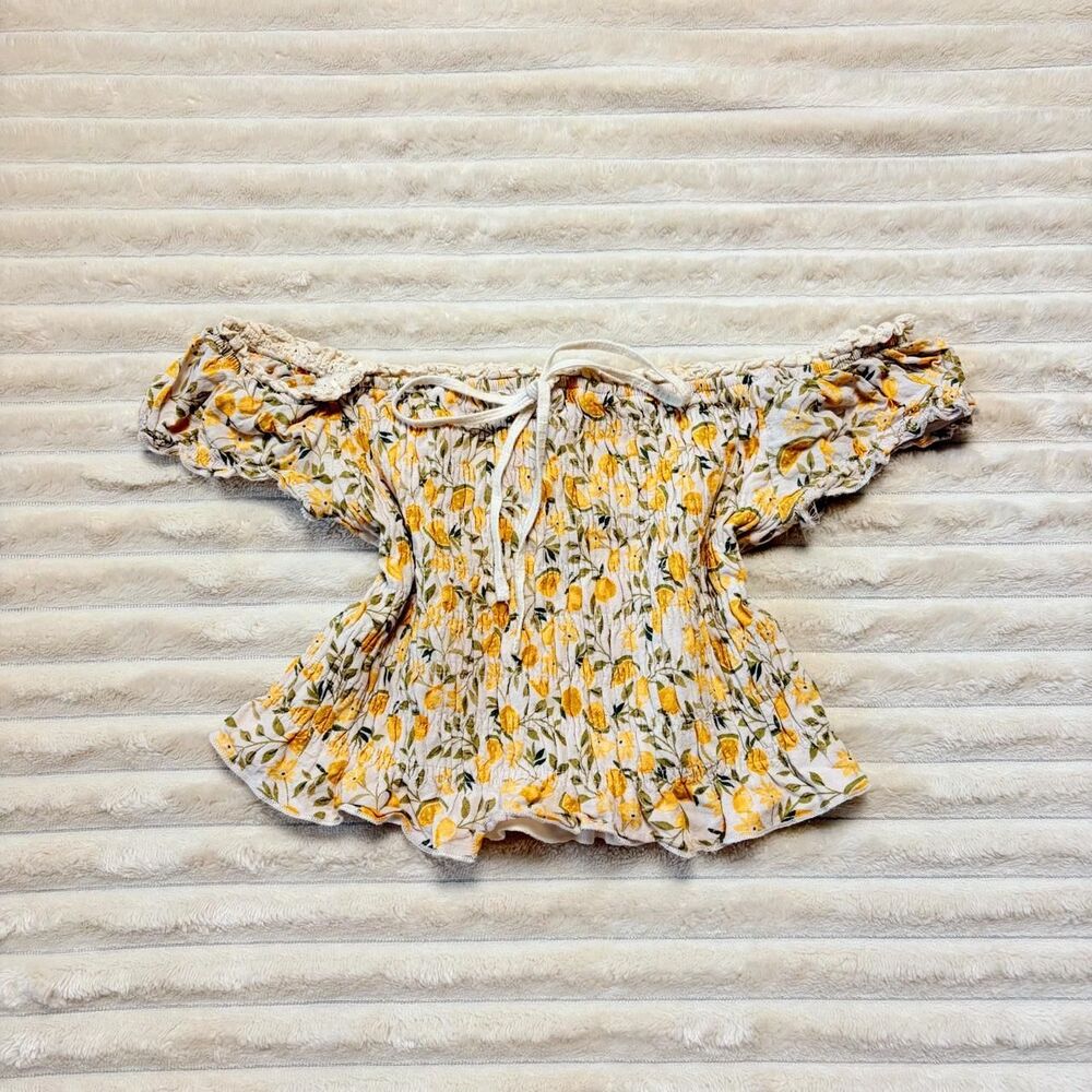 Yellow floral smocked off-the-shoulder crop top, Kirious, size S